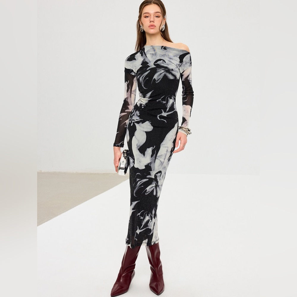 Commense Abstract Print Mesh One-Shoulder Maxi Dress